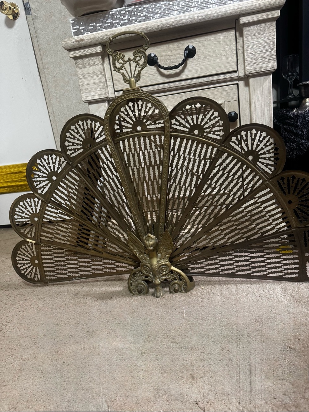 Antique Brass Peacock Fireplace Screen